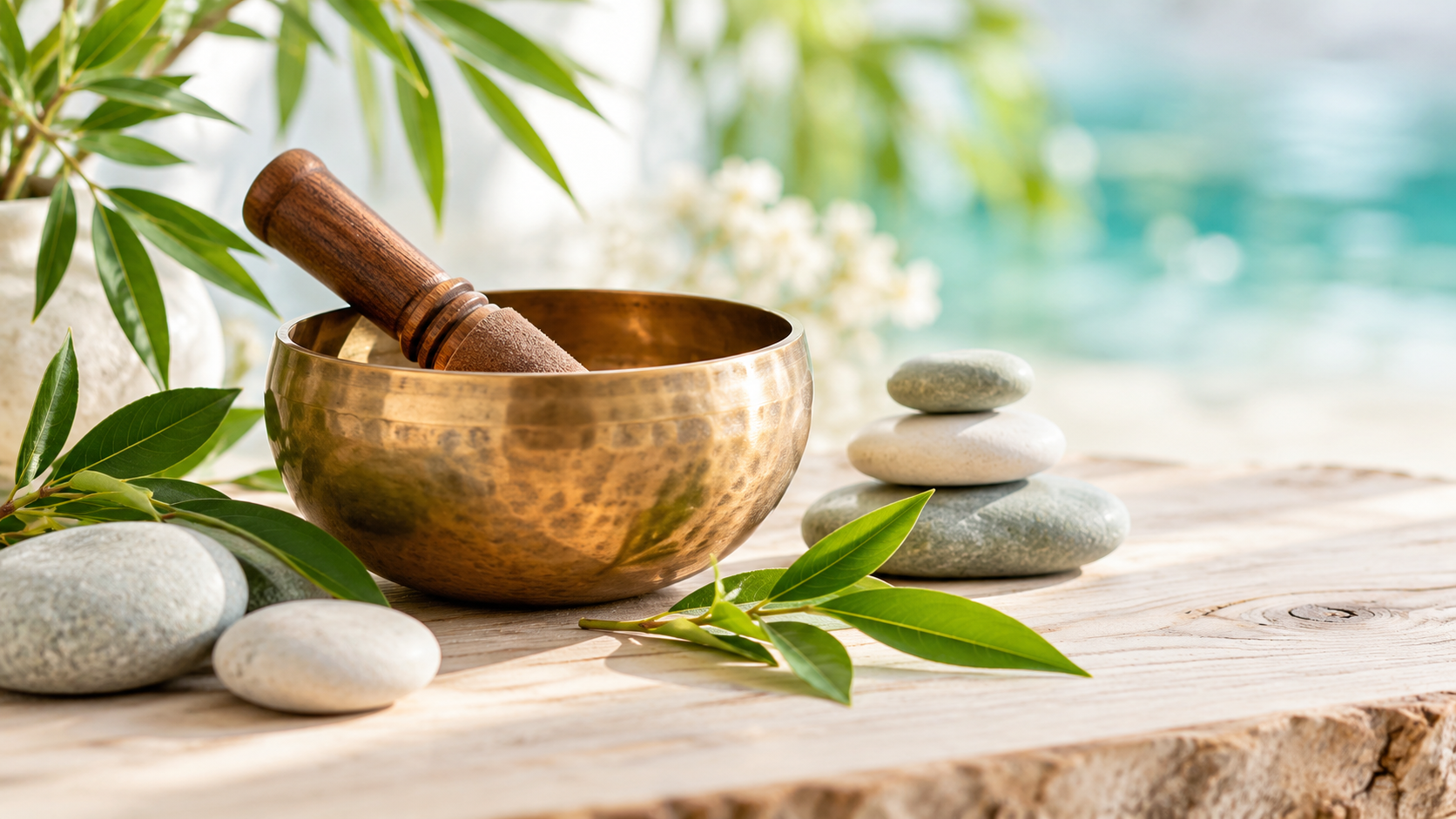 Ambiance zen : bol tibétain, pierres et feuillage dans une lumière douce